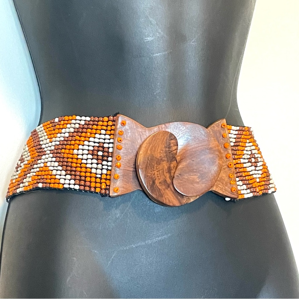 Vintage 70s Boho Retro Chic Ladies Beaded Stretch Interlock Cinch Belt